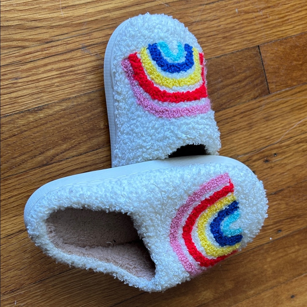 Cozy White Slippers with Rainbow Design